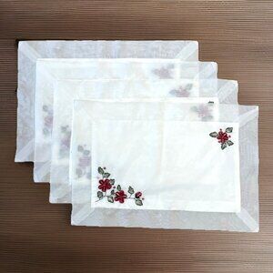 Vintage Embroidered Floral Placemats Sheer White w/ Pink Tufted Roses Set of 4